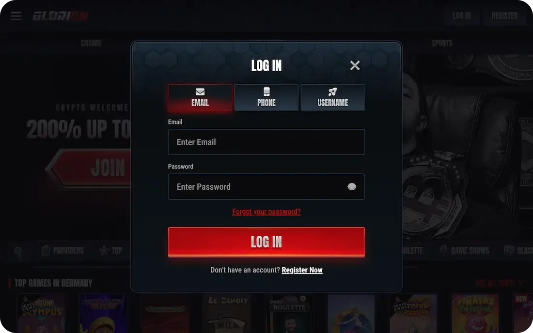 glorion casino login email