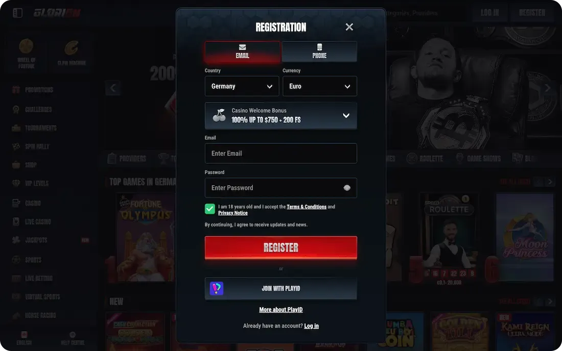 glorion casino registration